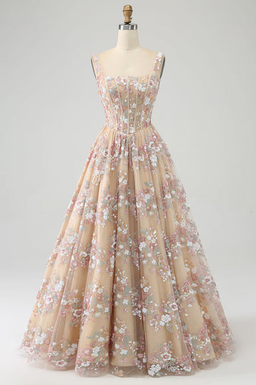 Luksuriøs A Line Square Neck Champagne Corset Prom Kjole med Appliques